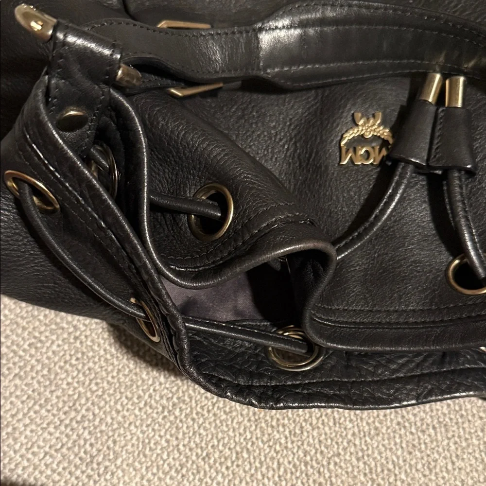 MCM Black Leather Embossed Hobo Limited Edition Women's Bucket Cinch Bag